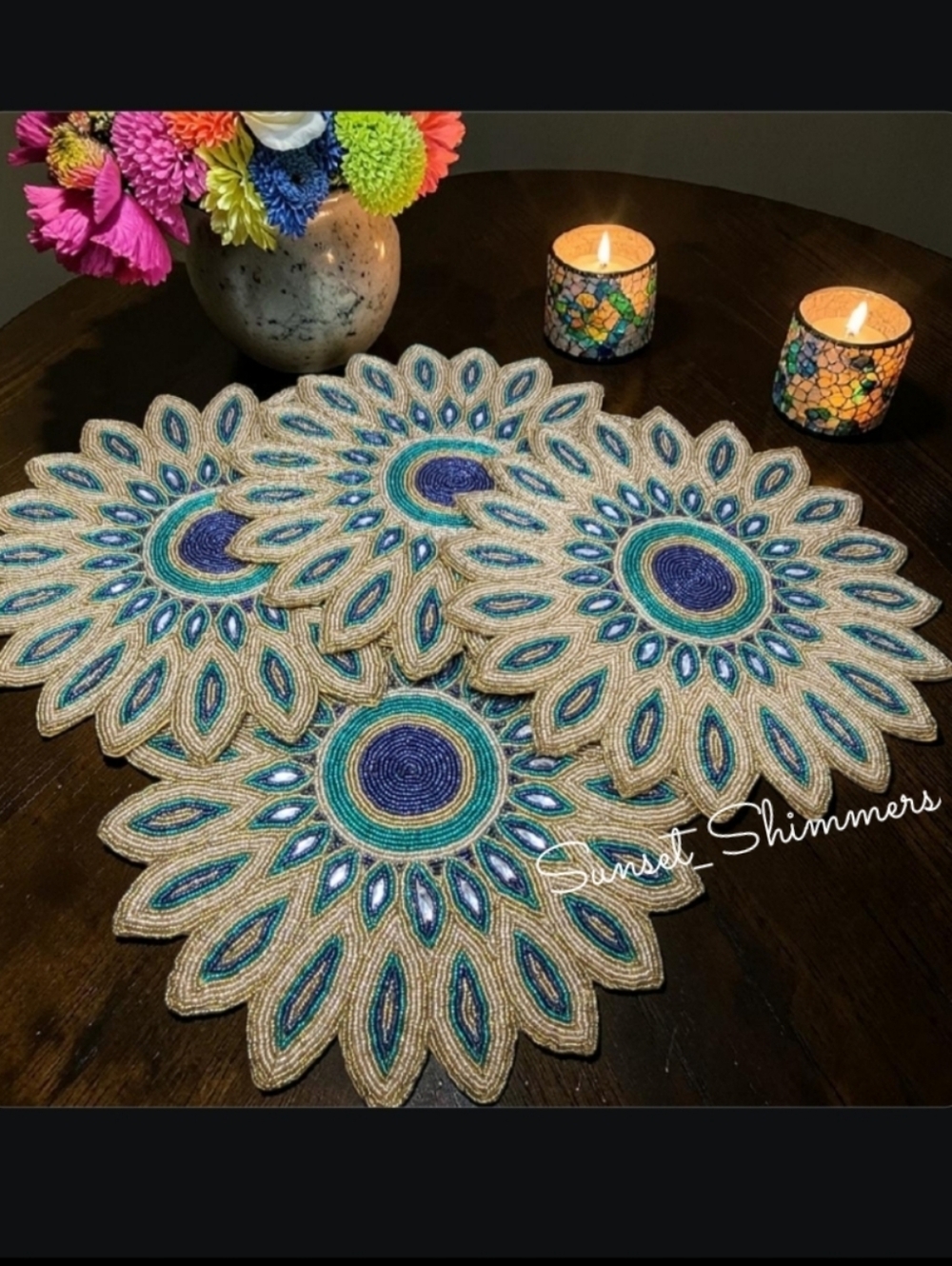 4pc Peacock Colored Jeweled Beaded Placemats Chargers Set 15" NEW